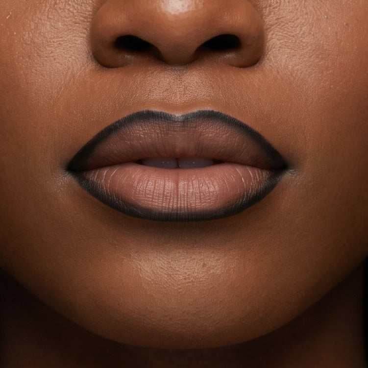 Close-up of a person's lips with dark lip liner or lipstick on a brown beautiful woman