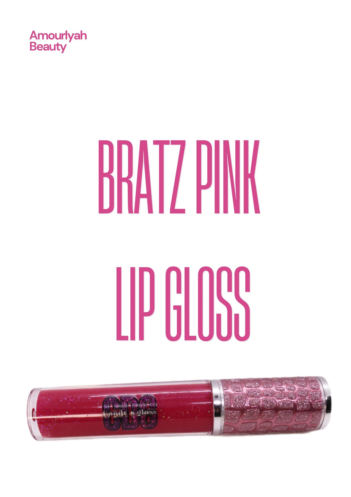 Close up Bratz inspired pink lip gloss with high shine finish, girly aesthetic, and playful Y2K packaging