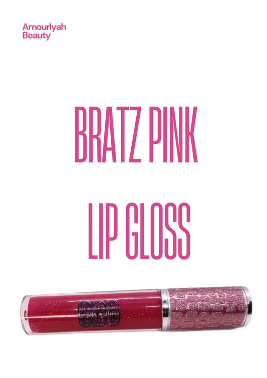 Close up Bratz inspired pink lip gloss with high shine finish, girly aesthetic, and playful Y2K packaging