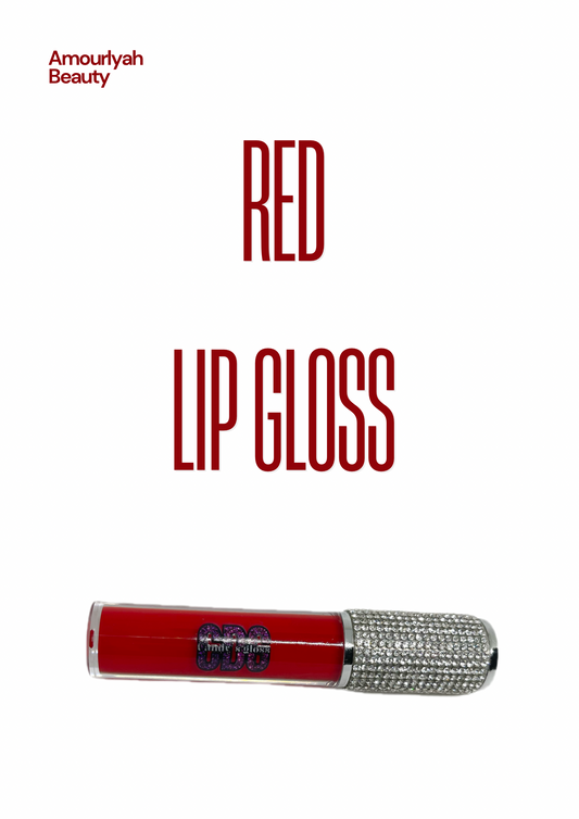 Red lip gloss with rhinestone details on a white background, featuring the brand 'Amourlyah Beauty'.