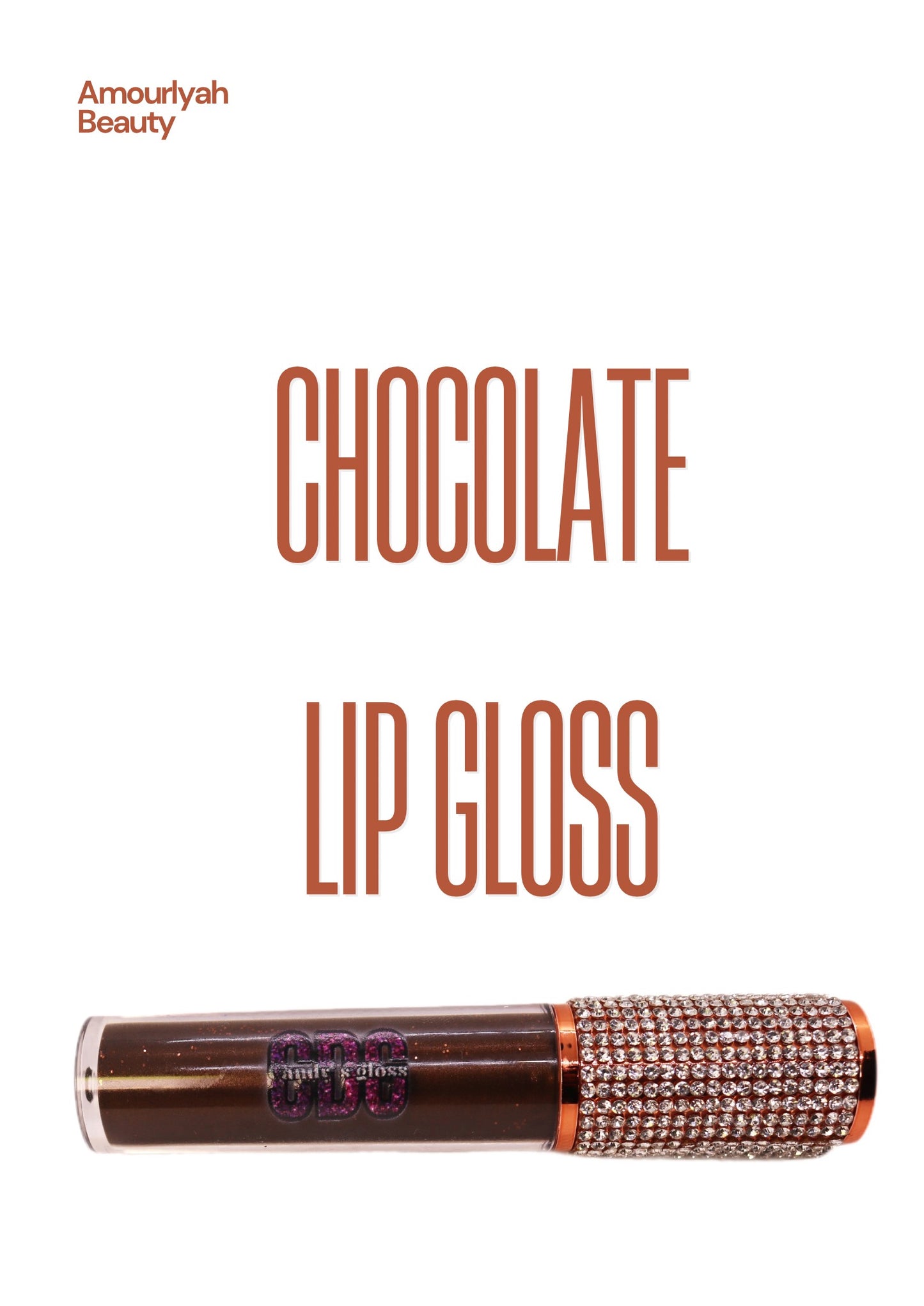 Chocolate brown lip gloss in a sleek tube, showing rich cocoa shade and glossy hydrating exture