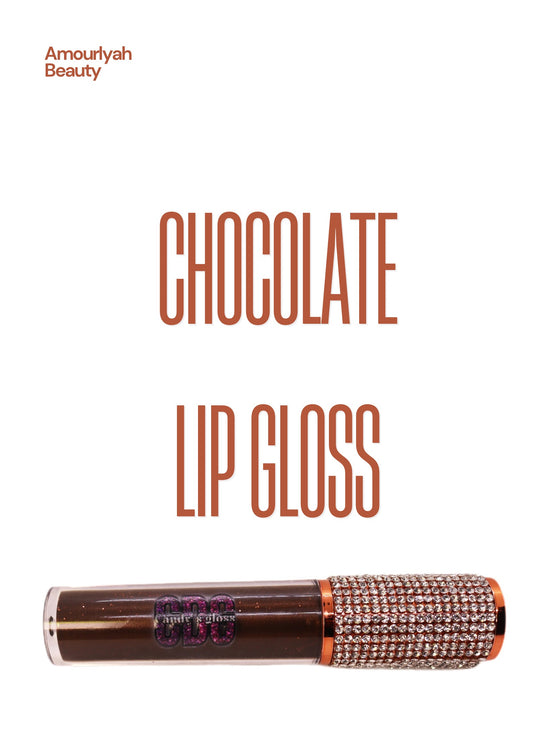 Chocolate brown lip gloss in a sleek tube, showing rich cocoa shade and glossy hydrating exture