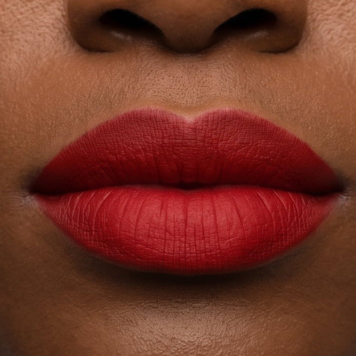 Close-up of a person's lips with red lipstick on a brown background