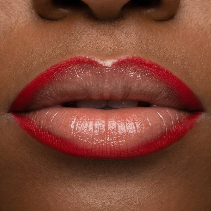 Close-up of a person's lips with red lipstick on a neutral background